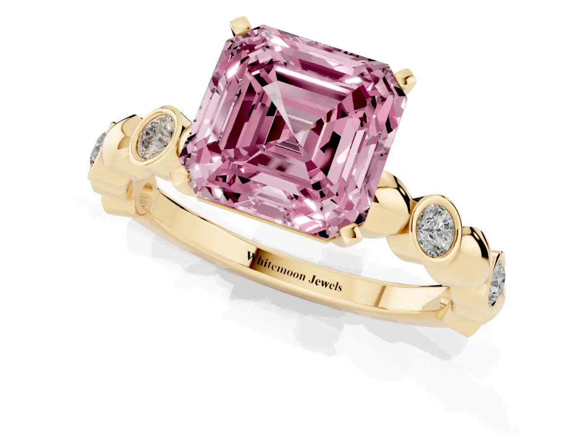 Fancy Pink Asscher Cut Solitaire Bezel-Set Diamond Ring with Beaded Band and Four-Prong Setting Yellow gold