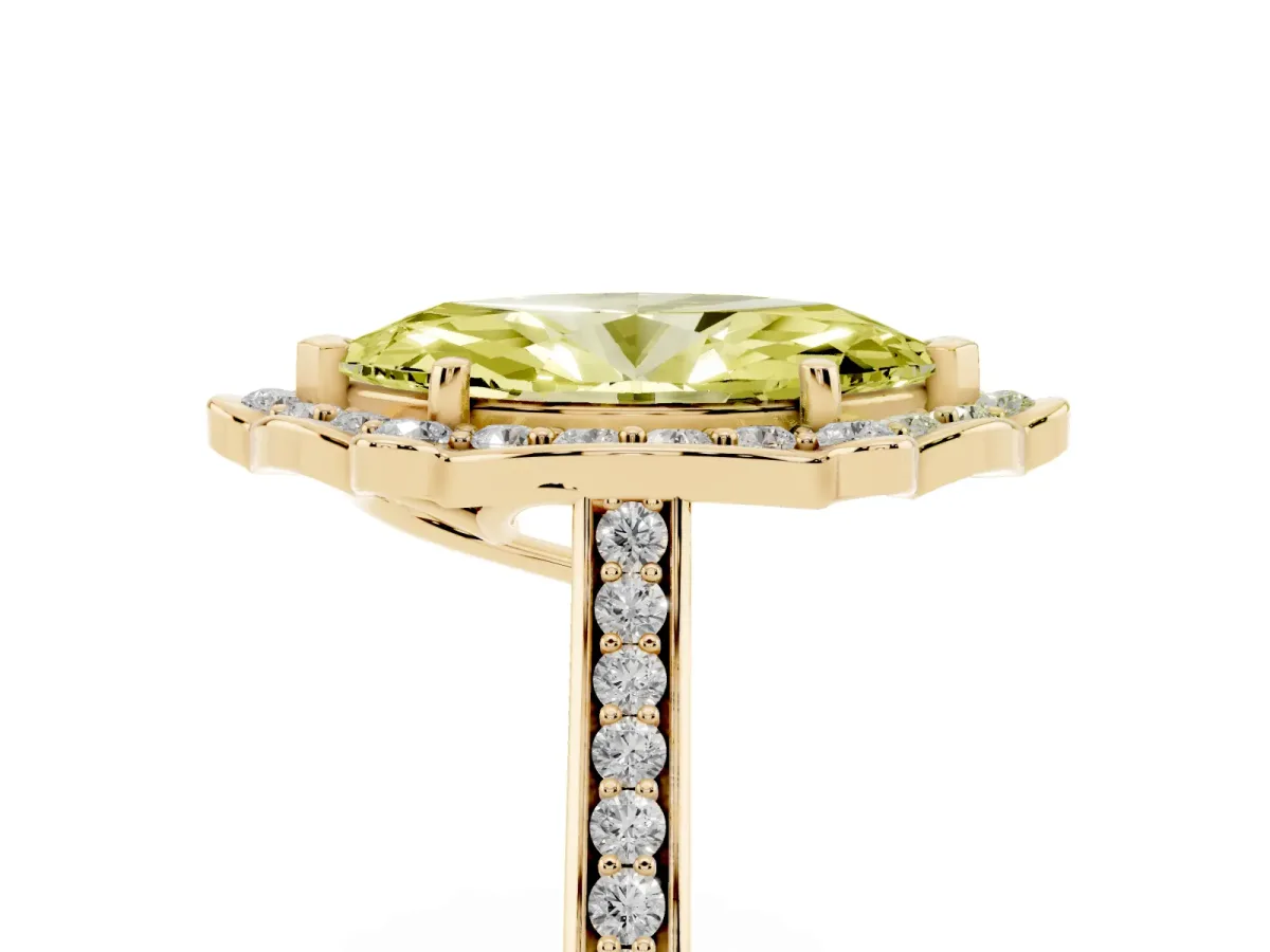 Fancy Yellow Marquise Cut Halo Round Diamond Pave Band with Four-Prong Setting Yellow gold