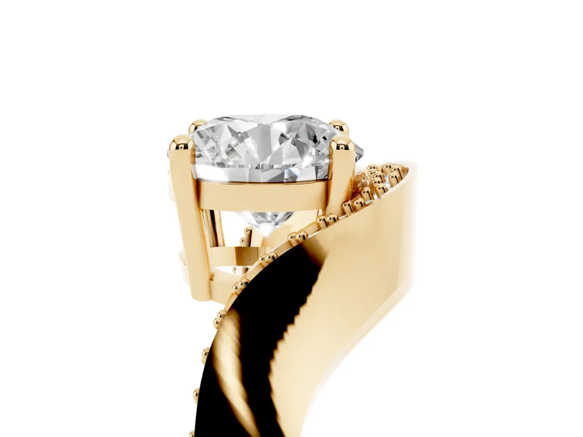 Round Cut Solitaire Diamond Engagement Ring with Pave Band and Four-Prong Setting Yellow gold