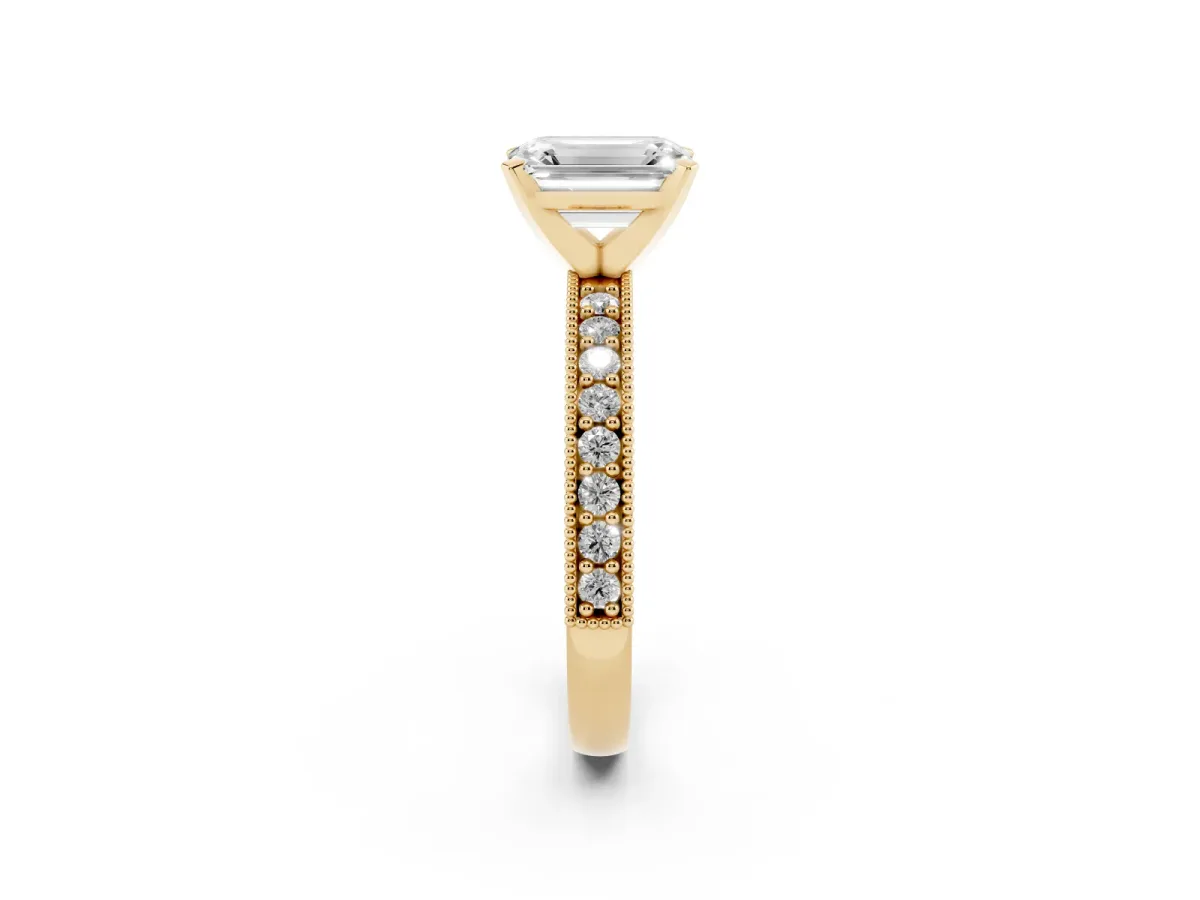 Emerald Cut Diamond Milgrain Pavé Engagement Ring with Four-Prong Setting Yellow gold
