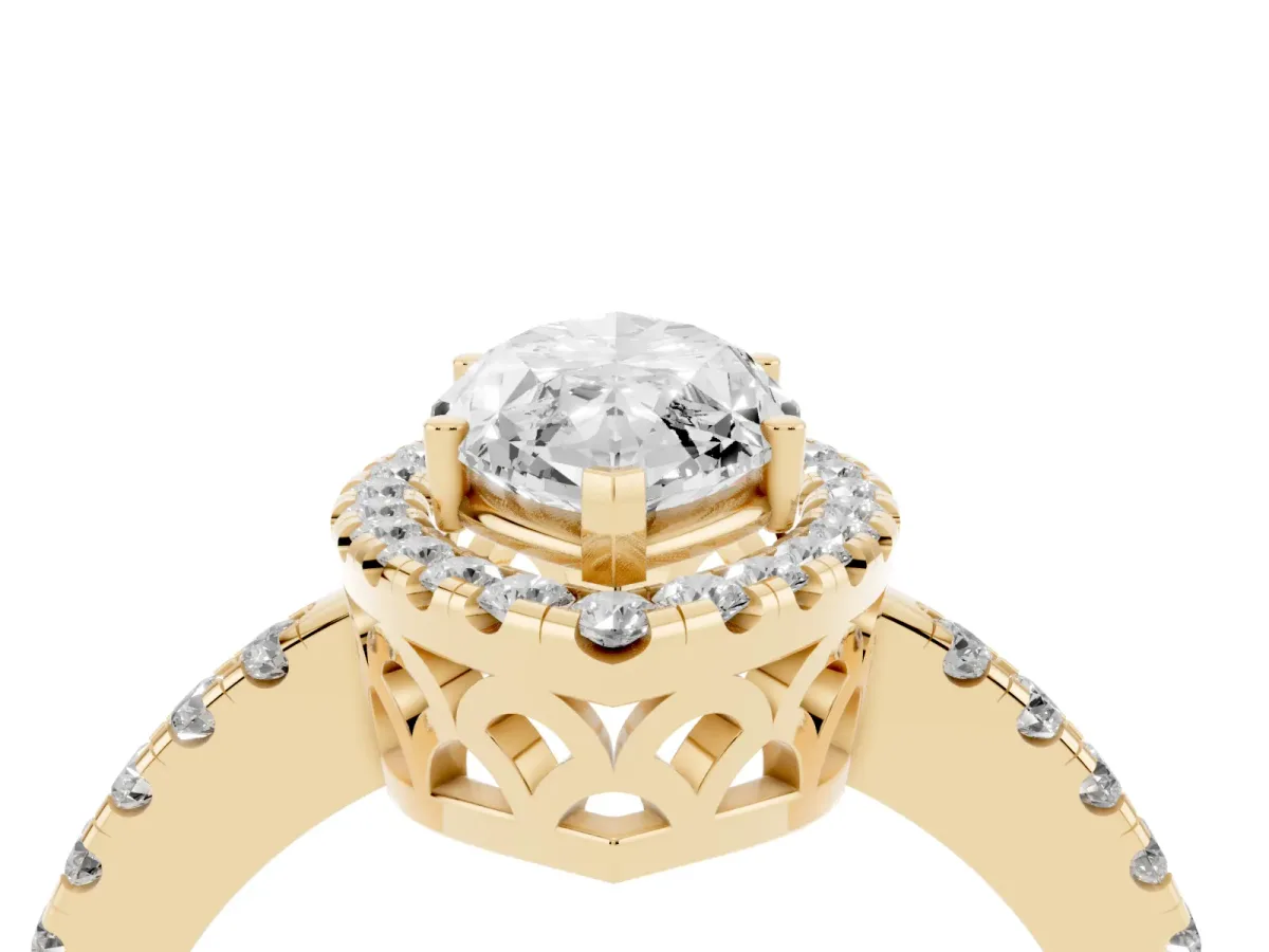 Marquise Cut Halo Diamond Engagement Ring with Pavé Band and Four-Prong Setting Yellow gold
