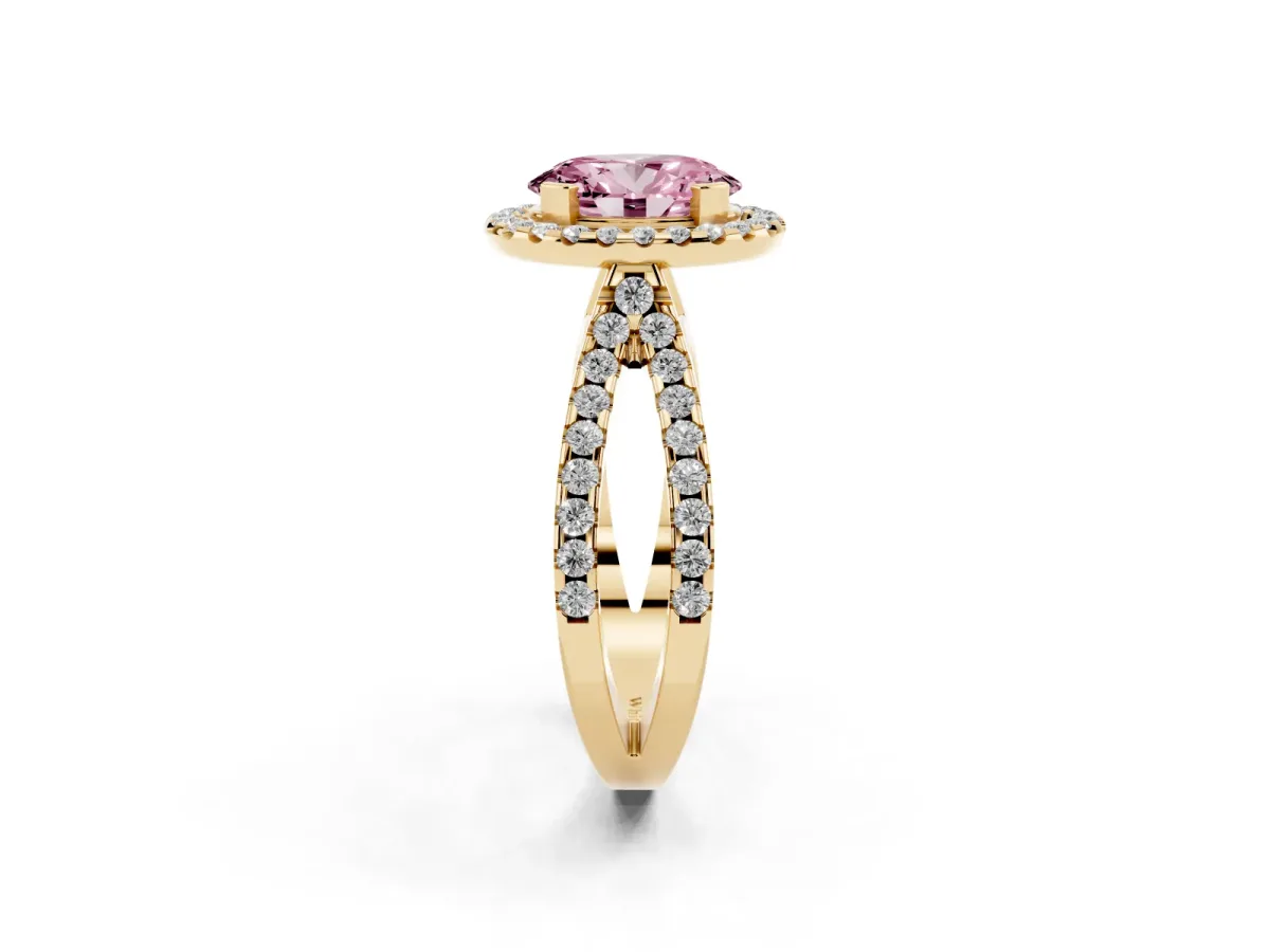Fancy Pink Oval Cut Diamond Halo Ring with Split Shank Pavé Band and Prong Setting Yellow gold