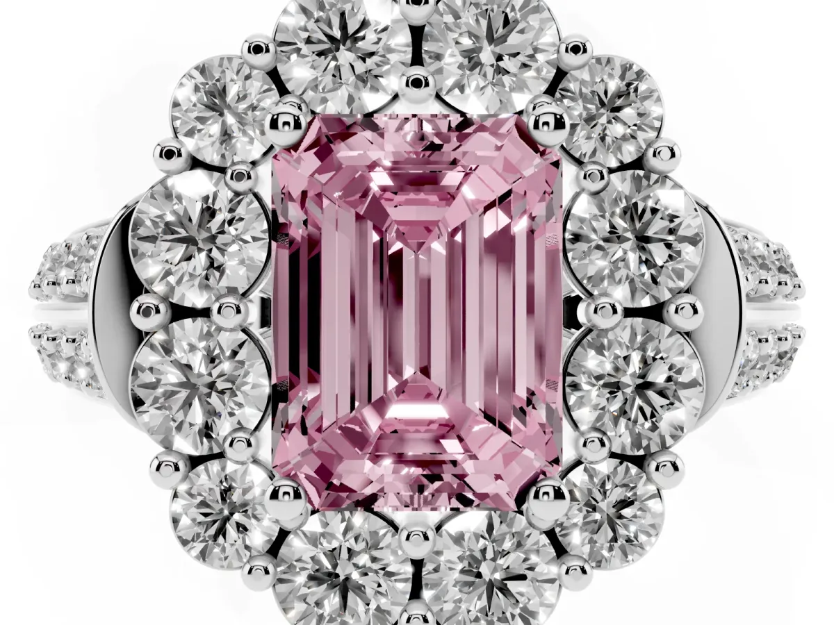 Fancy Pink Emerald Cut Halo Diamond Engagement Ring with Split Shank and Prong Setting Platinum