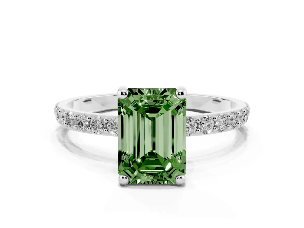 Fancy Green Emerald Cut Diamond Solitaire Ring with Round Pavé Band and Prong Setting Silver