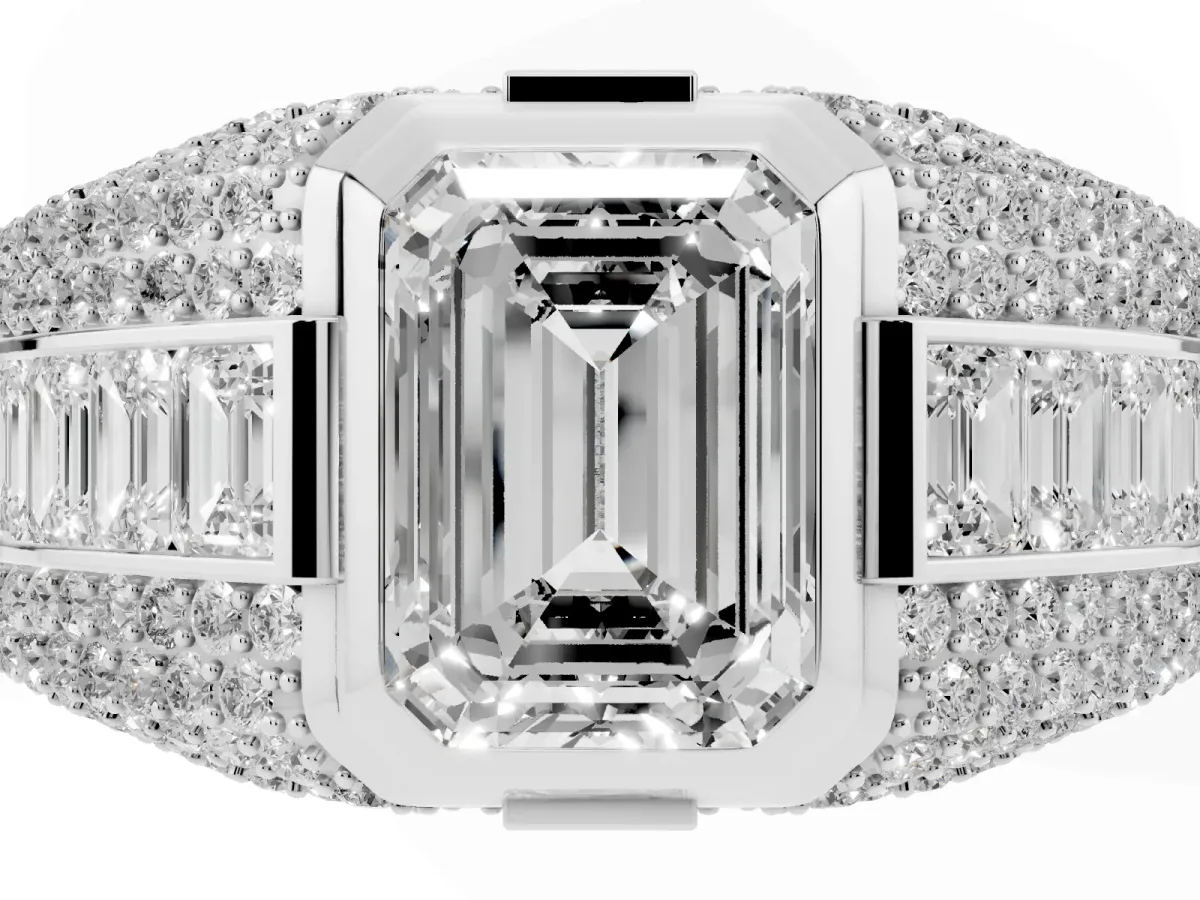 Emerald Cut Diamond Mens Ring with Side Stones Platinum