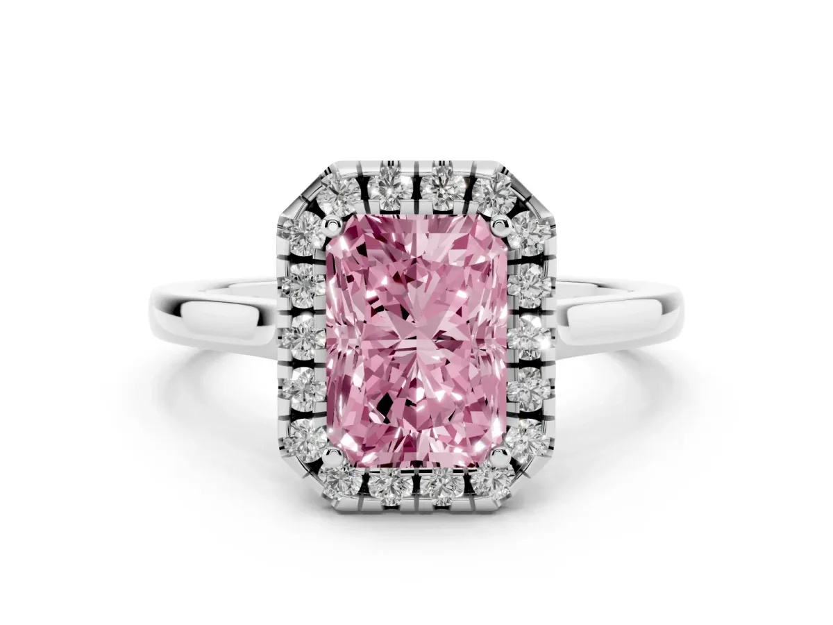 Fancy Pink Radiant Cut Halo Round Diamond Solitaire Ring with Pavé Band and Four-Prong Setting Silver