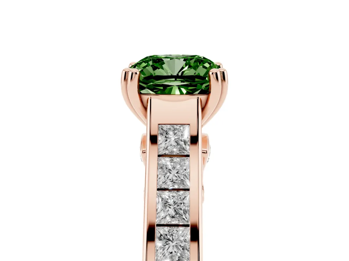 Fancy Green Cushion Cut Cut Channel Set Solitaire Engagement Ring with Prong Setting Rose gold