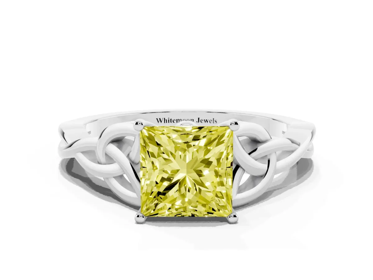 Fancy Yellow Princess Cut Diamond Solitaire Engagement Ring with Celtic Knot Band and Four-Prong Setting Silver