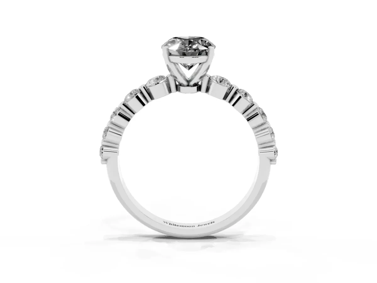 Fancy Black Oval Cut Solitaire Diamond Ring with Pave Band and Four-Prong Setting Silver