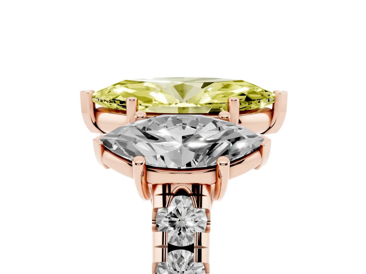 Fancy Yellow Three-Stone Marquise Cut Diamond Pavé Band with Prong Setting Rose gold