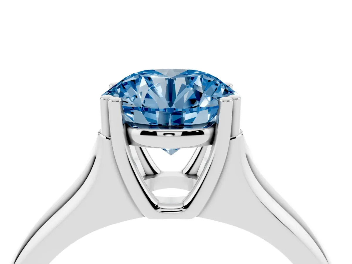 Fancy Blue Round Cut Diamond Solitaire Ring with Wide Band and Prong Setting Silver