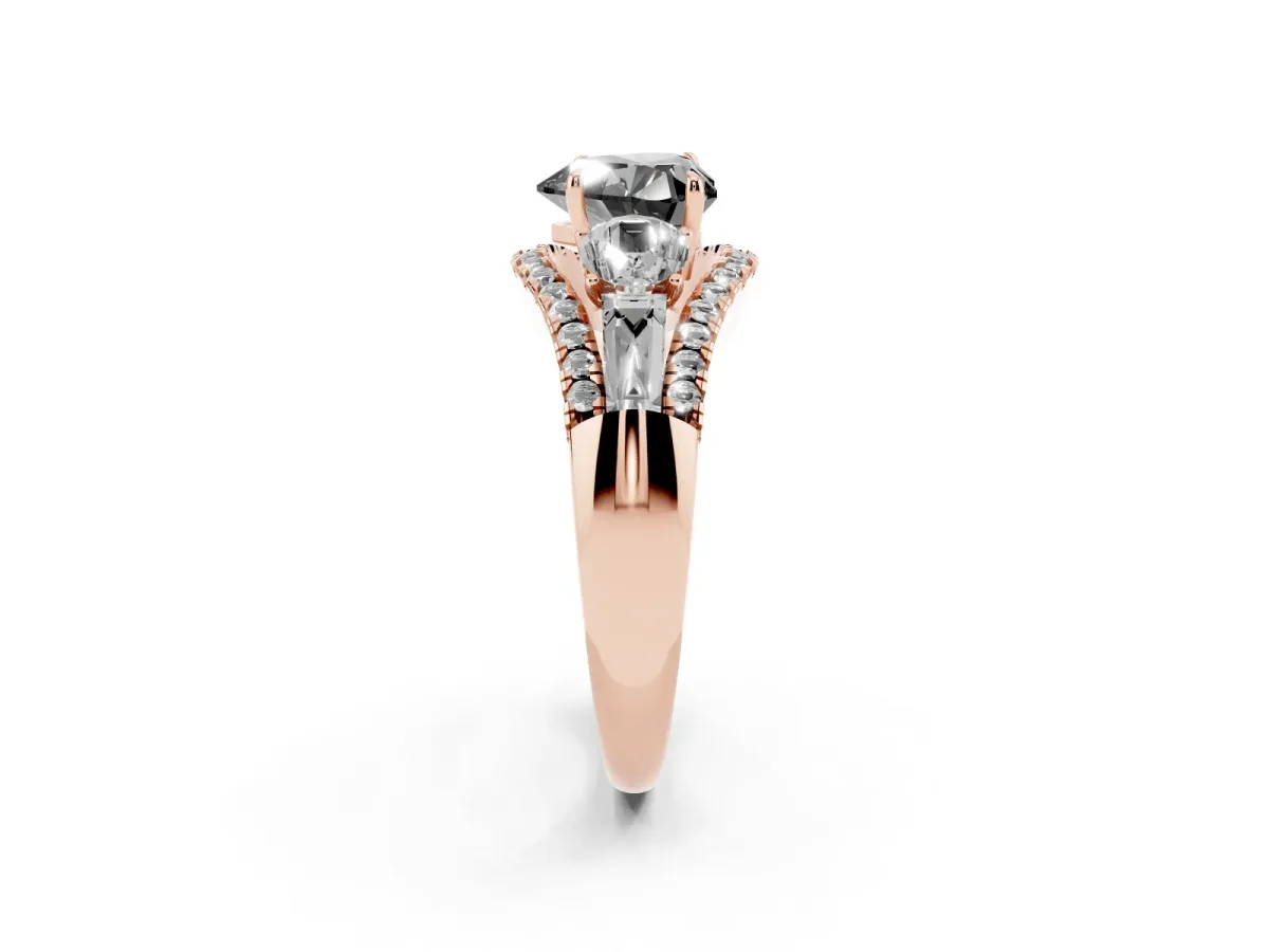 Fancy Black Three-Stone Heart Cut Diamond Engagement Ring with Pave Band and Prong Setting Rose gold