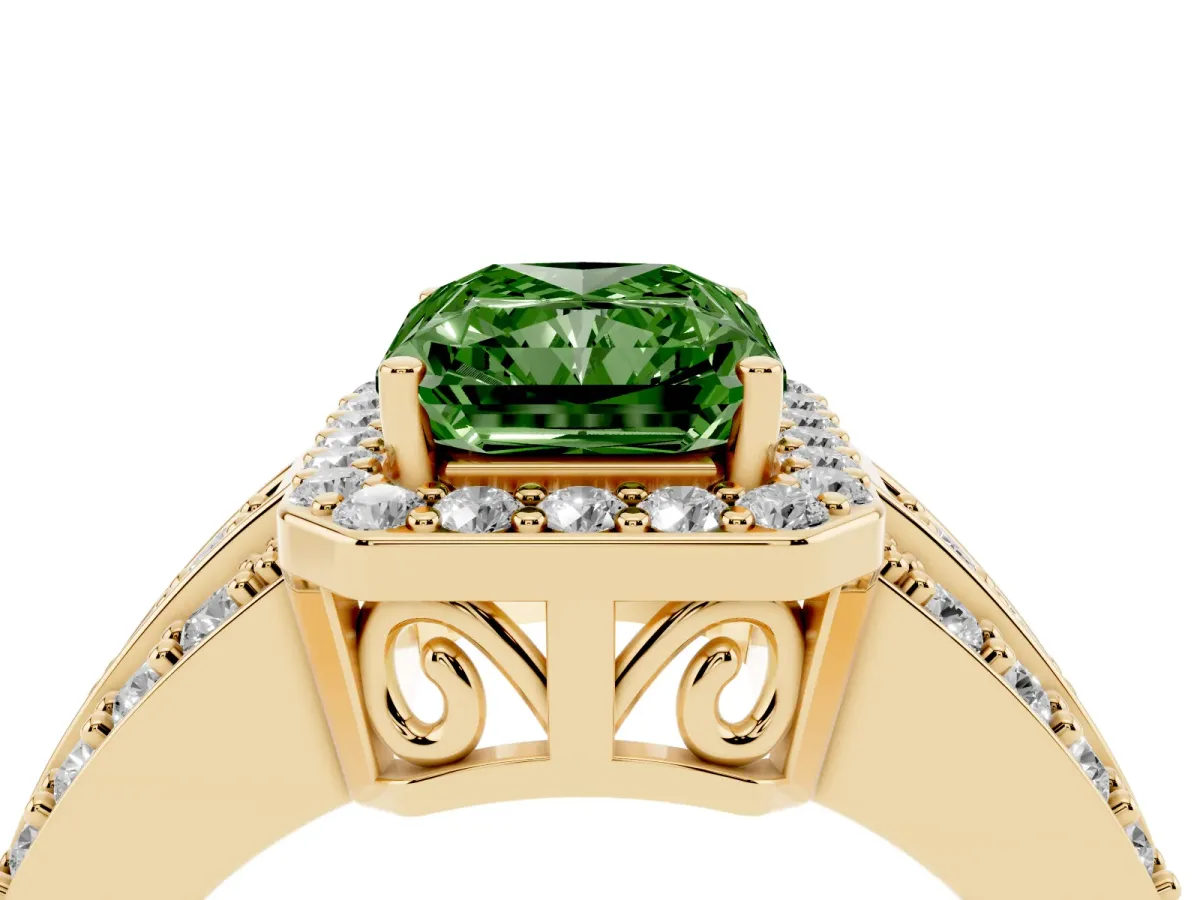 Fancy Green Radiant Cut Halo Diamond Ring with Round Split Shank and Prong Setting Yellow gold