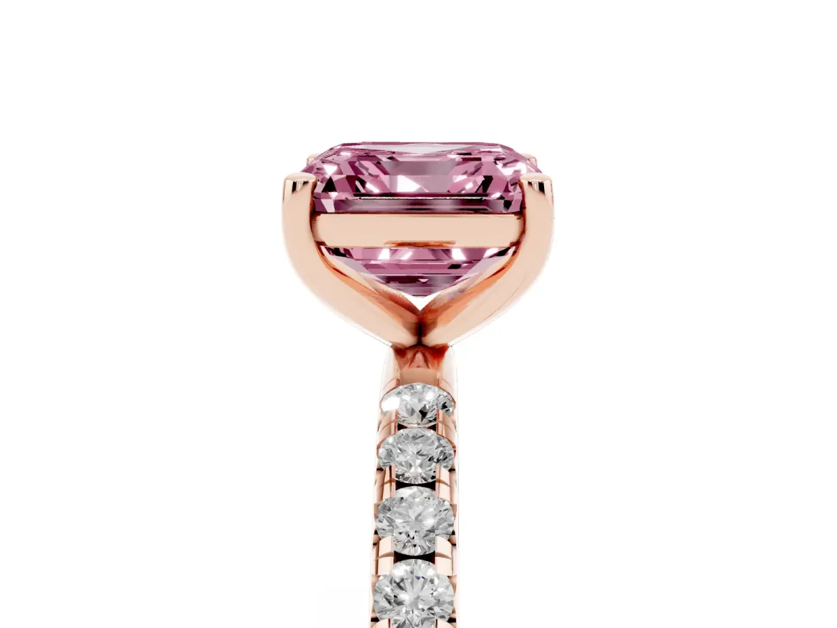 Fancy Pink Asscher Cut Cut Diamond Solitaire Ring with Micro Pave Band and Four Prong Setting Rose gold
