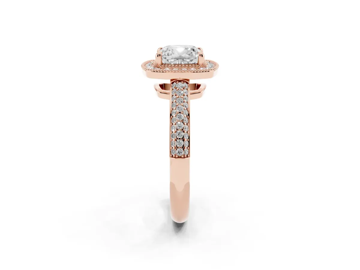 Cushion Cut Cut Halo Diamond Pave Band with Four-Prong Setting Rose gold