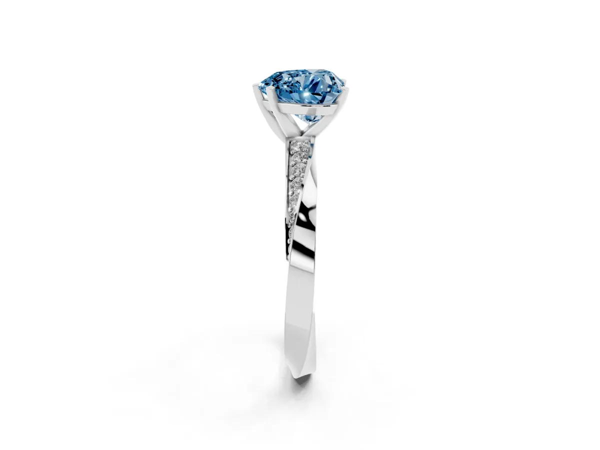 Fancy Blue Heart Cut Diamond Engagement Ring with Side Stone Accents and Four-Prong Setting Silver