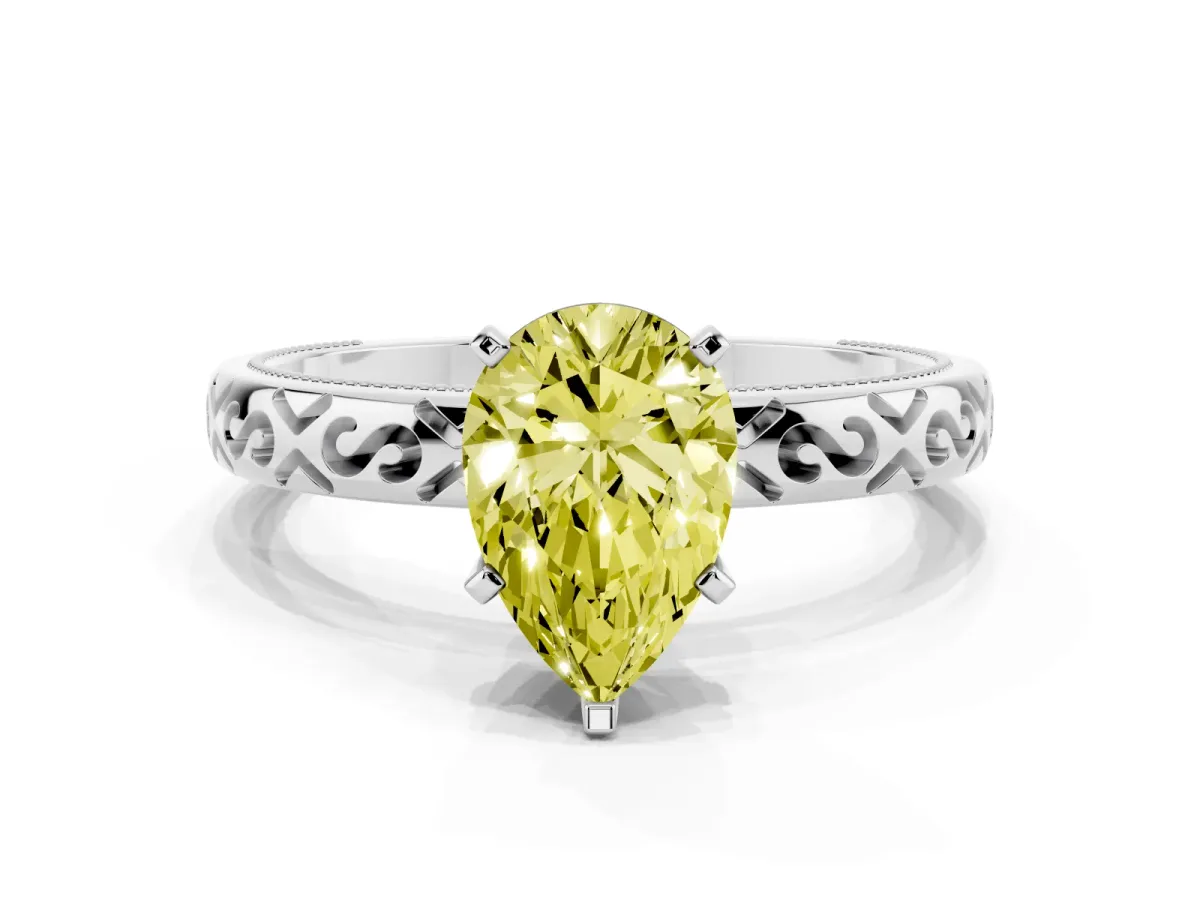 Fancy Yellow Pear Cut Solitaire Engagement Ring with Scrollwork Band and Four-Prong Setting Silver