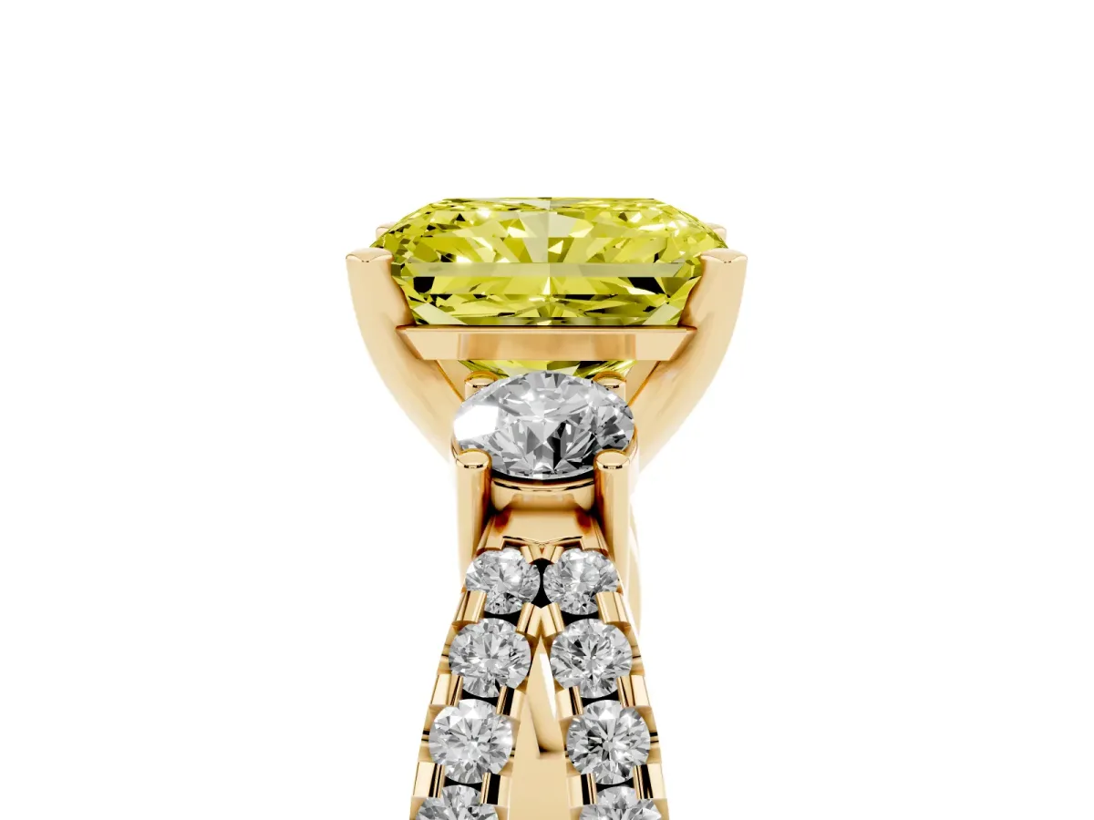 Fancy Yellow Radiant Cut Diamond Three-Stone Ring with Pavé Split Shank and Four-Prong Setting Yellow gold