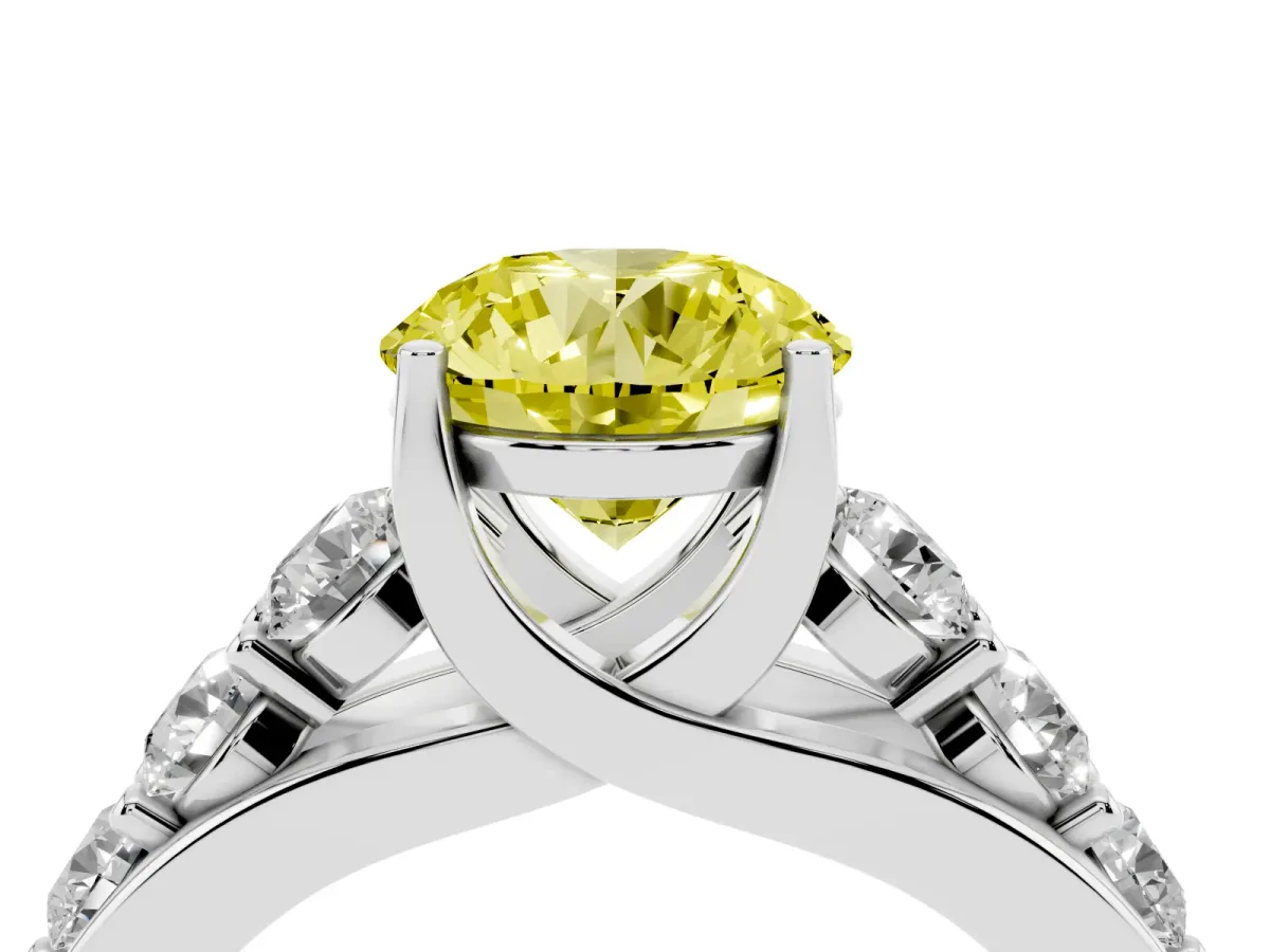 Fancy Yellow Round Cut Diamond Engagement Ring with Pavé Band and Four-Prong Setting Platinum