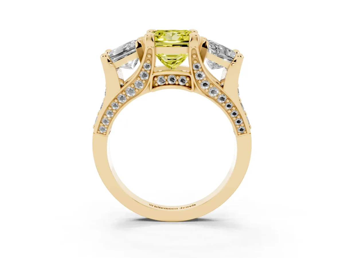 Fancy Yellow Princess Cut Diamond Three-Stone Ring with Channel Set Band and Four-Prong Setting Yellow gold
