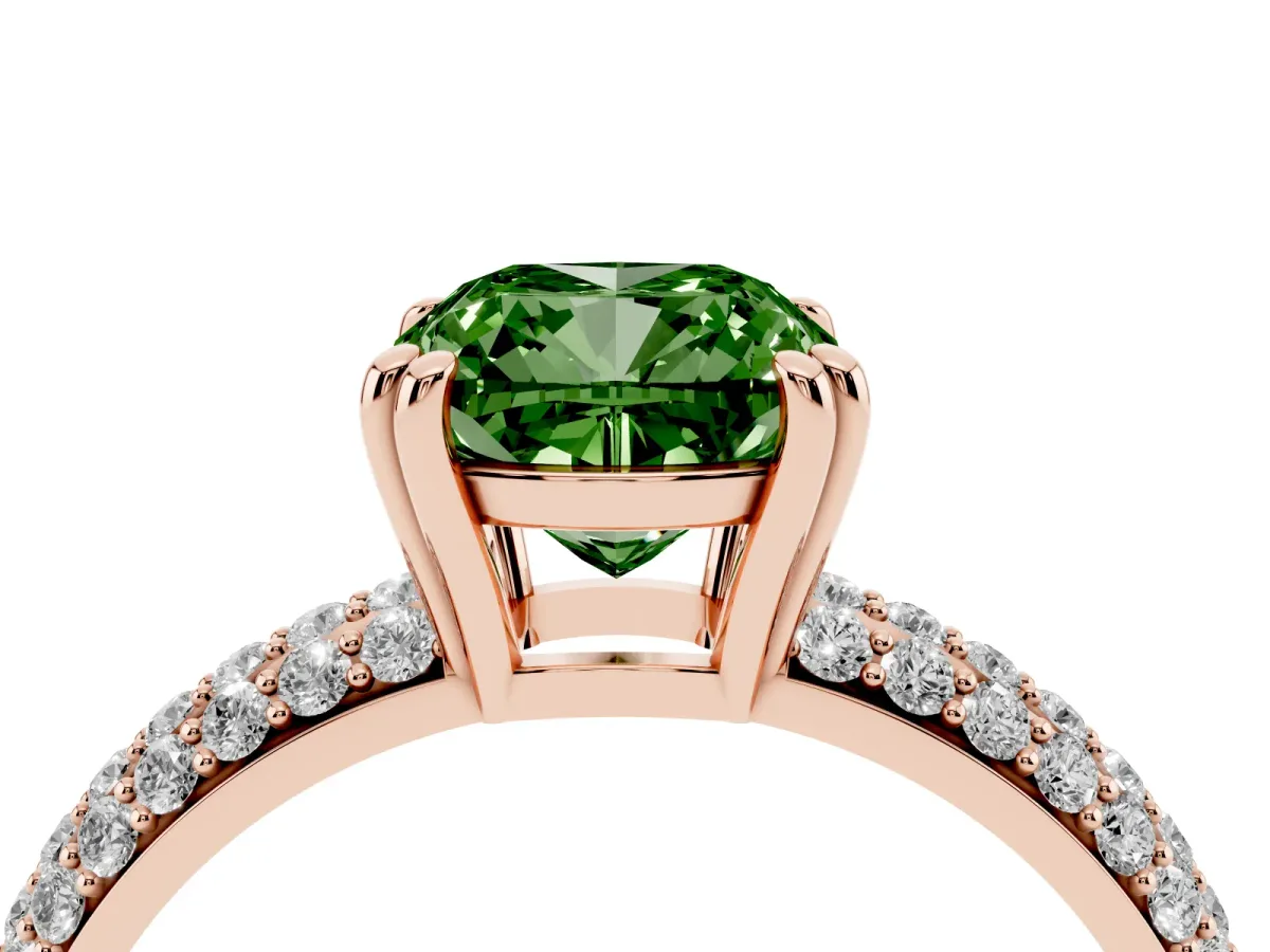 Fancy Green Cushion Cut Diamond Solitaire Ring with Multi-Row Round Pavé Band and Prong Setting Rose gold