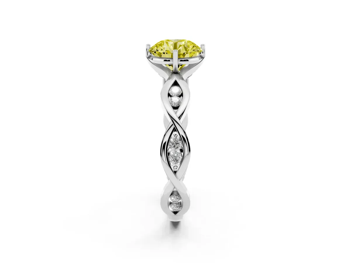 Fancy Yellow Round Cut Solitaire Twist Band with Leaf Prong Setting Platinum