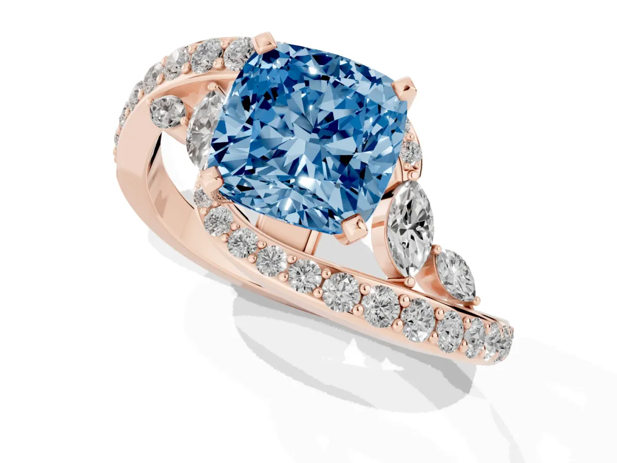 Fancy Blue Cushion Cut Diamond Solitaire Ring with Filigree Band and Four-Prong Setting Rose gold