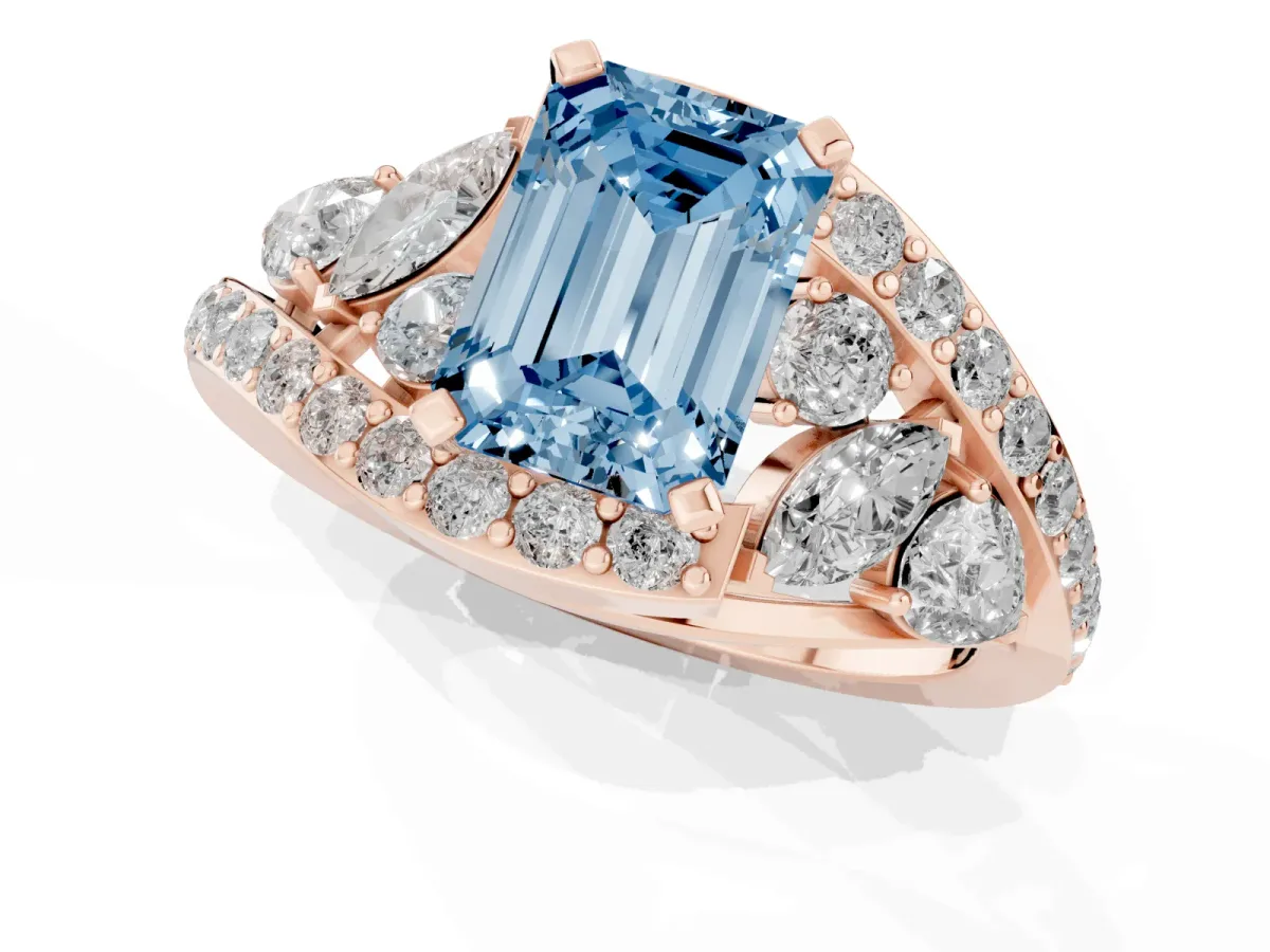 Fancy Blue Emerald Cut Diamond Halo Ring with Marquise and Pavé Band in Prong Setting Rose gold