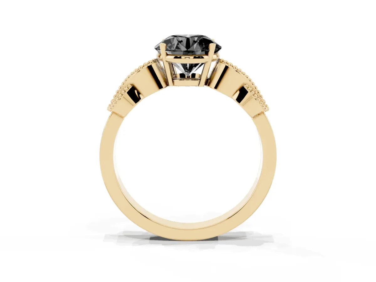 Fancy Black Round Cut Solitaire Milgrain Leaf Band with Prong Setting Yellow gold