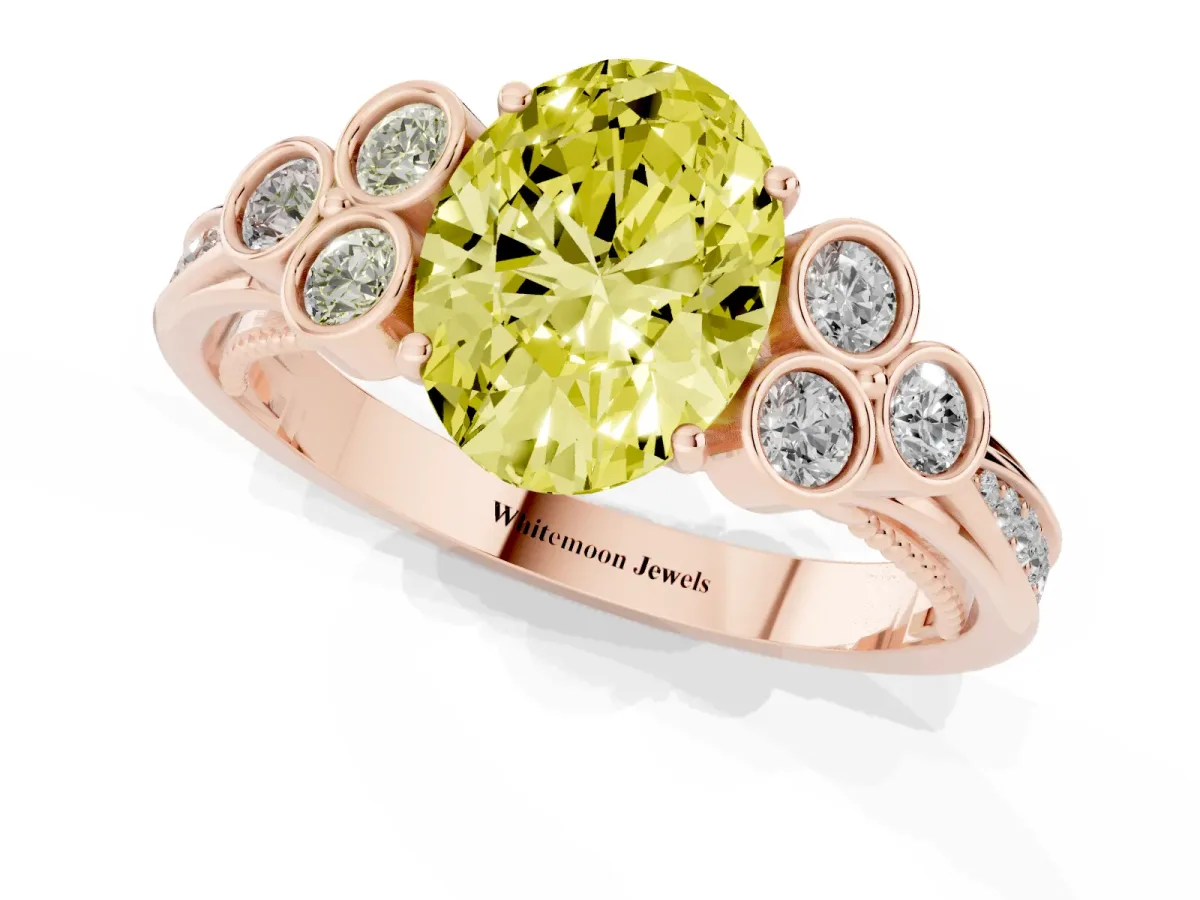 Fancy Yellow Oval Cut Cut Diamond Engagement Ring with Bezel Set Round Side Stones and Prong Setting Rose gold