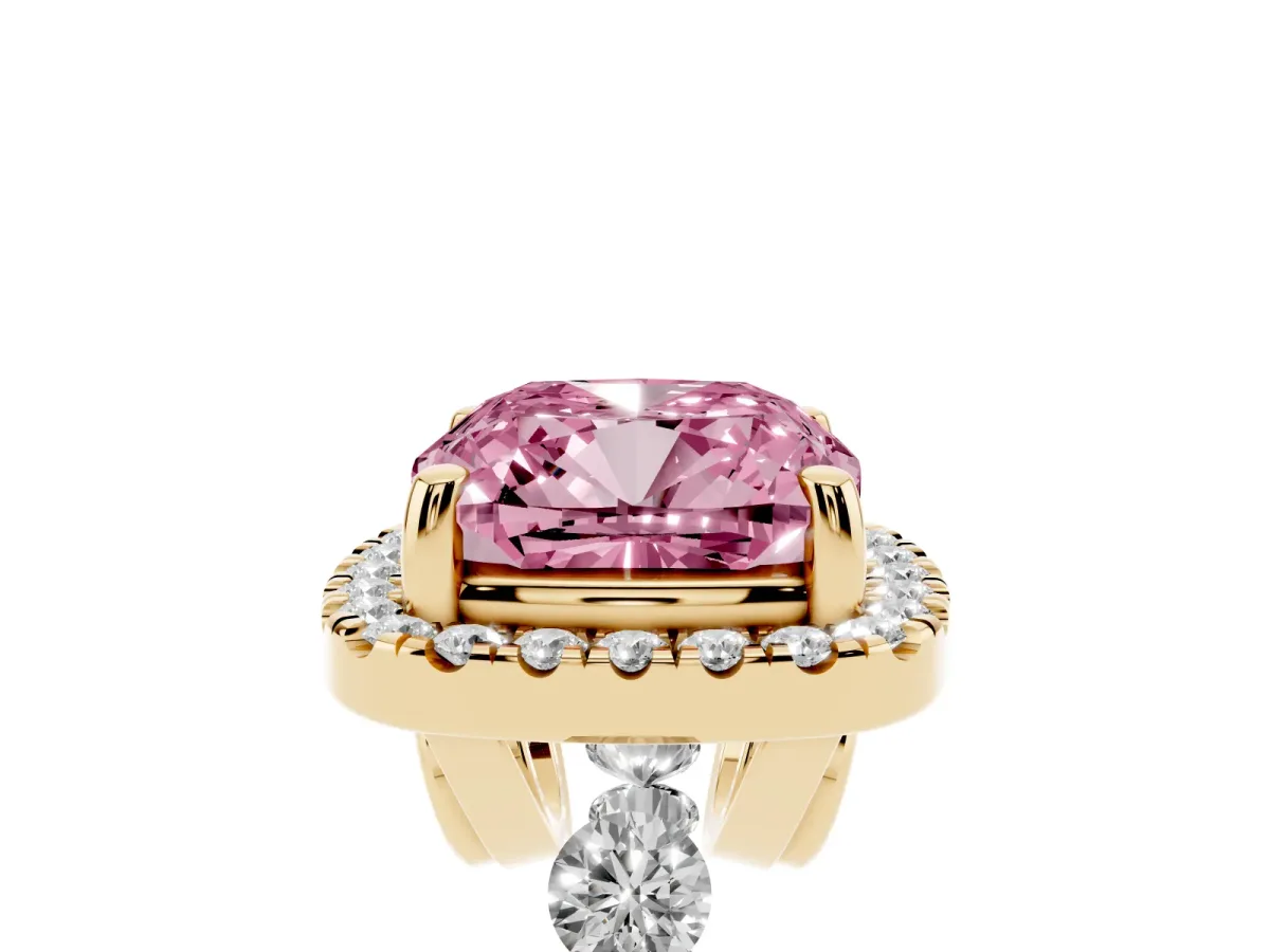 Fancy Pink Cushion Cut Halo Pavé Diamond Engagement Ring with Four-Prong Setting Yellow gold