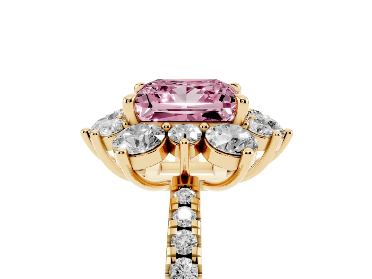 Fancy Pink Princess Cut Diamond Floral Halo Ring with Round Pavé Band and Prong Setting Yellow gold