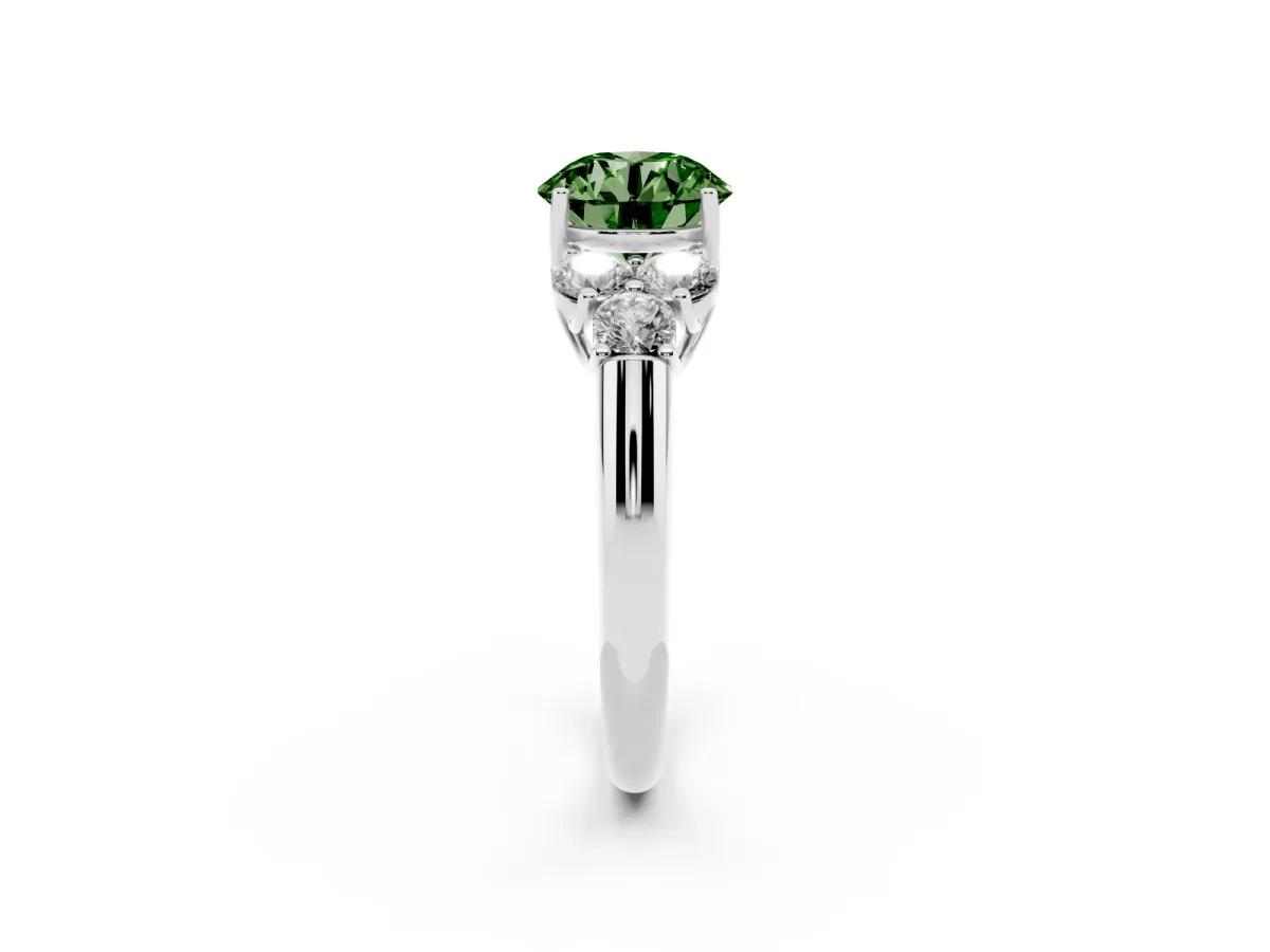 Fancy Green Round Cut Cut Diamond Cluster Ring with Round Accent Stones and Prong Setting on a Classic Band Silver