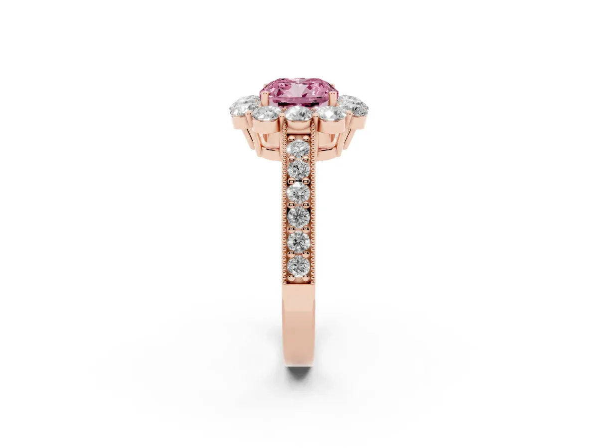 Fancy Pink Cushion Cut Cut Halo Diamond Pavé Engagement Ring with Milgrain Detailing Rose gold