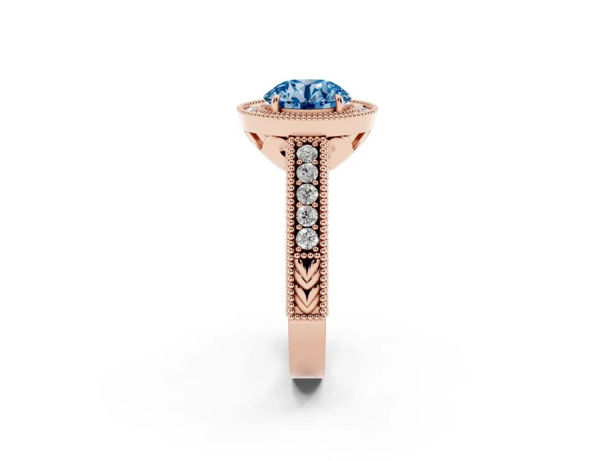 Fancy Blue Round Cut Cut Halo Diamond Ring with Pavé Band and Four-Prong Setting Rose gold