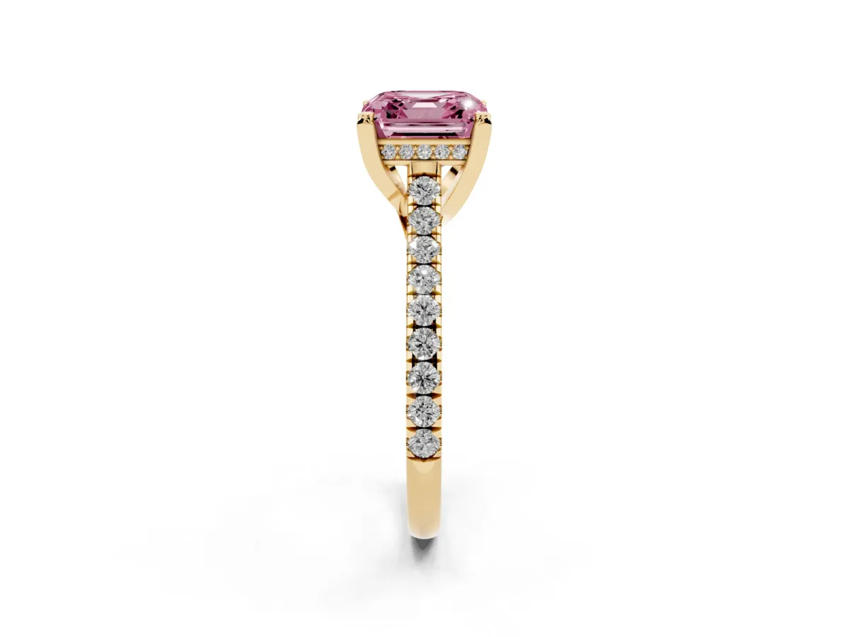 Fancy Pink Asscher Cut Brilliant Diamond Solitaire with Pavé Band and Four-Prong Setting Yellow gold