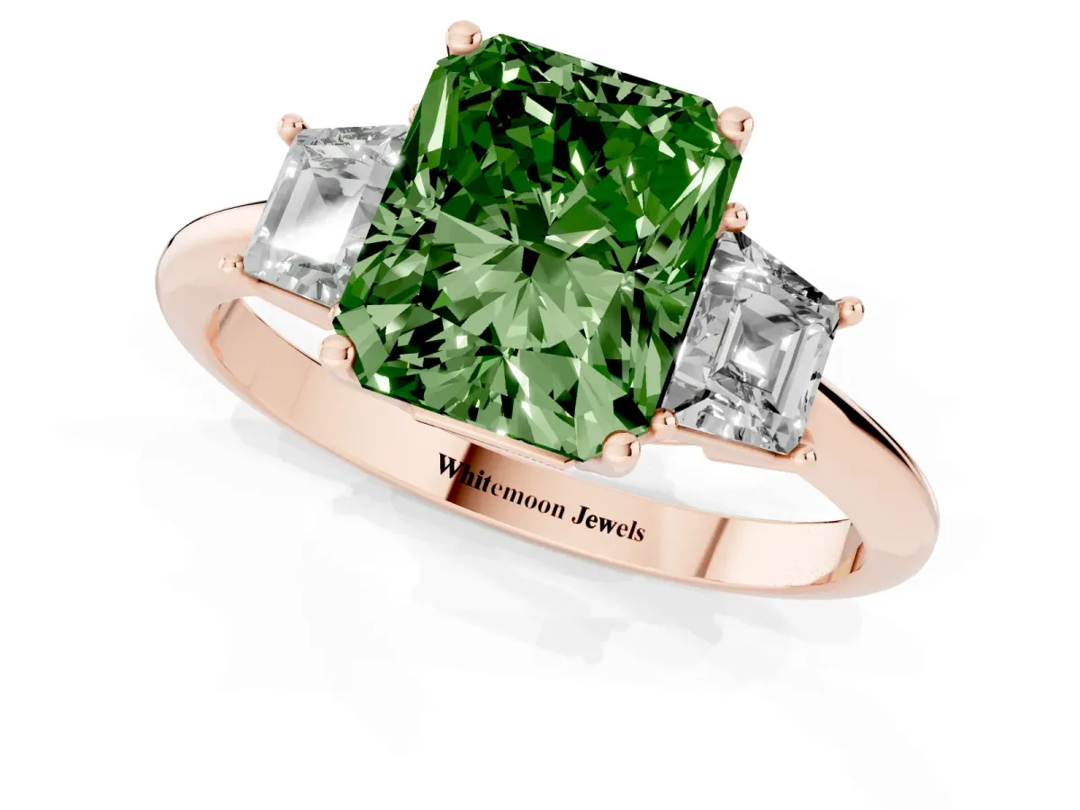 Fancy Green Radiant Cut Diamond Three-Stone Ring with Trapezoid Side Stones and Prong Setting Rose gold
