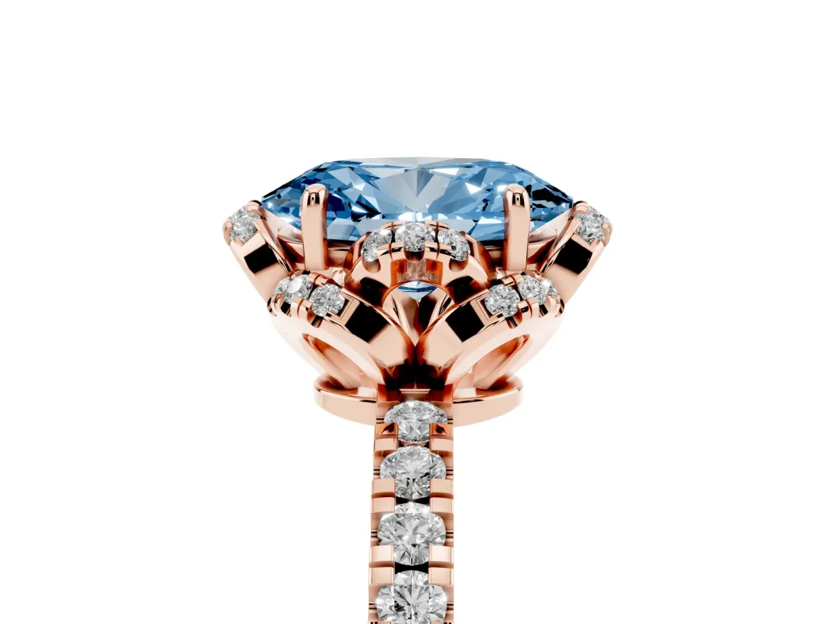 Fancy Blue Oval Cut Diamond Halo Pave Band with Four-Prong Setting Rose gold
