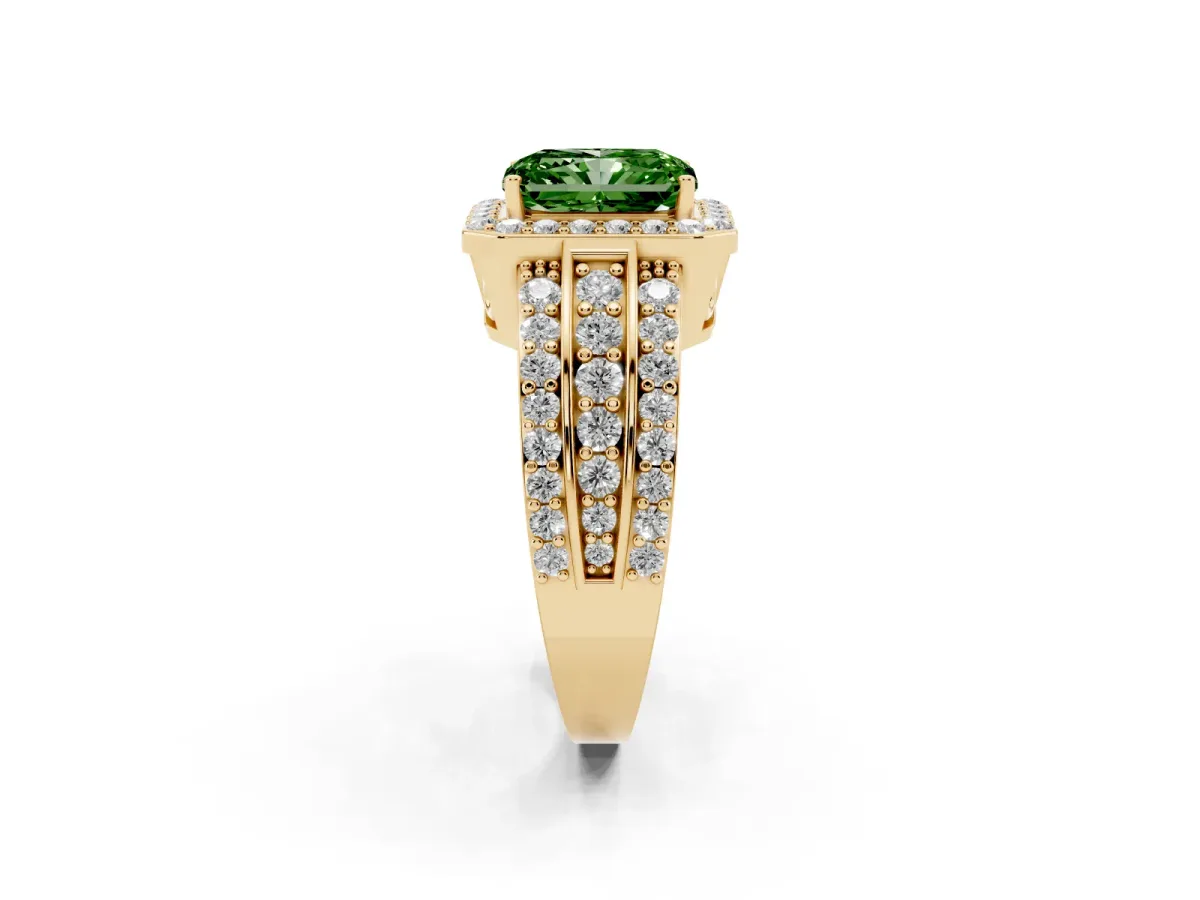 Fancy Green Radiant Cut Halo Diamond Ring with Round Split Shank and Prong Setting Yellow gold