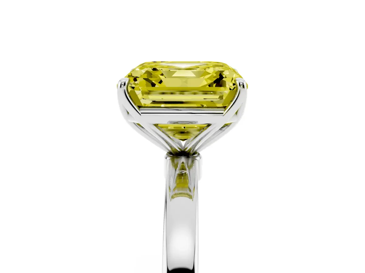 Fancy Yellow Asscher Cut Diamond Solitaire Ring with Thin Band and Prong Setting Silver