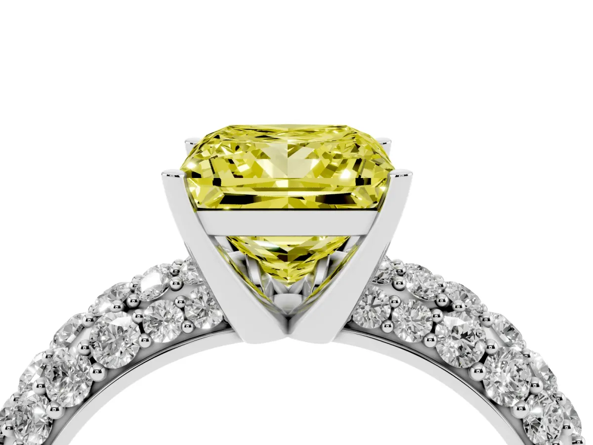 Fancy Yellow Princess Cut Diamond Pavé Band Solitaire Ring with Four-Prong Setting Platinum