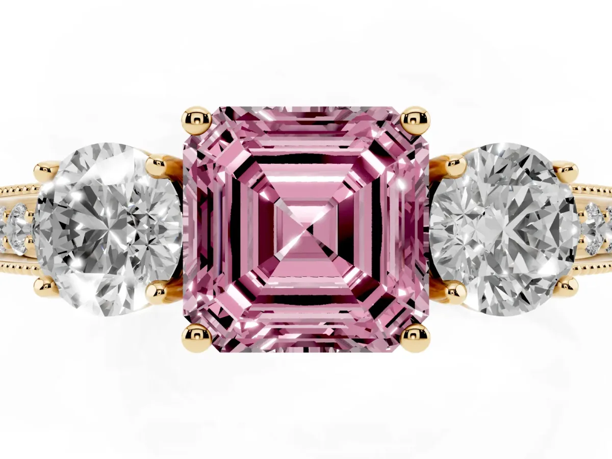 Fancy Pink Asscher Cut Three-Stone Diamond Ring with Pavé Band and Four-Prong Setting Yellow gold