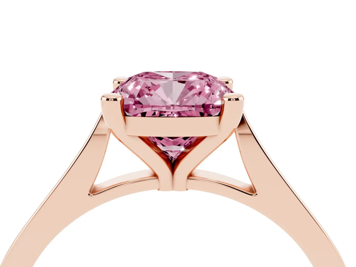Fancy Pink Cushion Cut Solitaire Diamond Ring with Four-Prong Setting and Tapered Band Rose gold