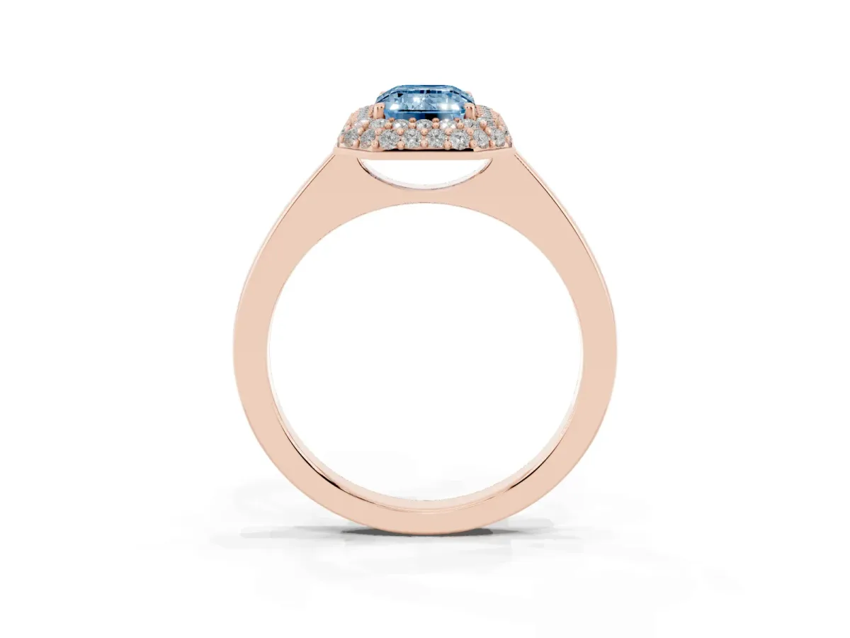 Fancy Blue Emerald Cut Halo Diamond Engagement Ring with Solitaire Band and Four-Prong Setting Rose gold