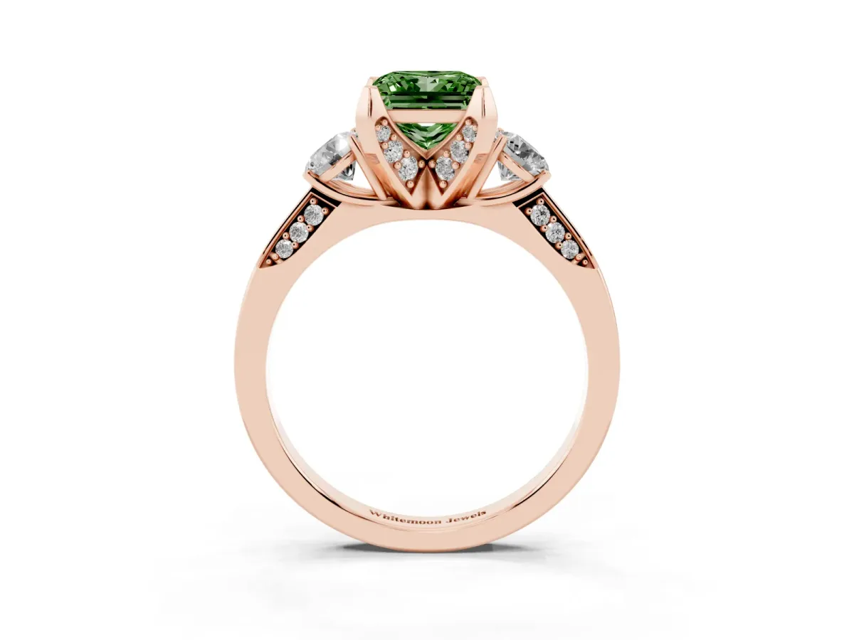 Fancy Green Princess Cut Brilliant Three-Stone Diamond Ring with Pavé Band and Four-Prong Setting Rose gold