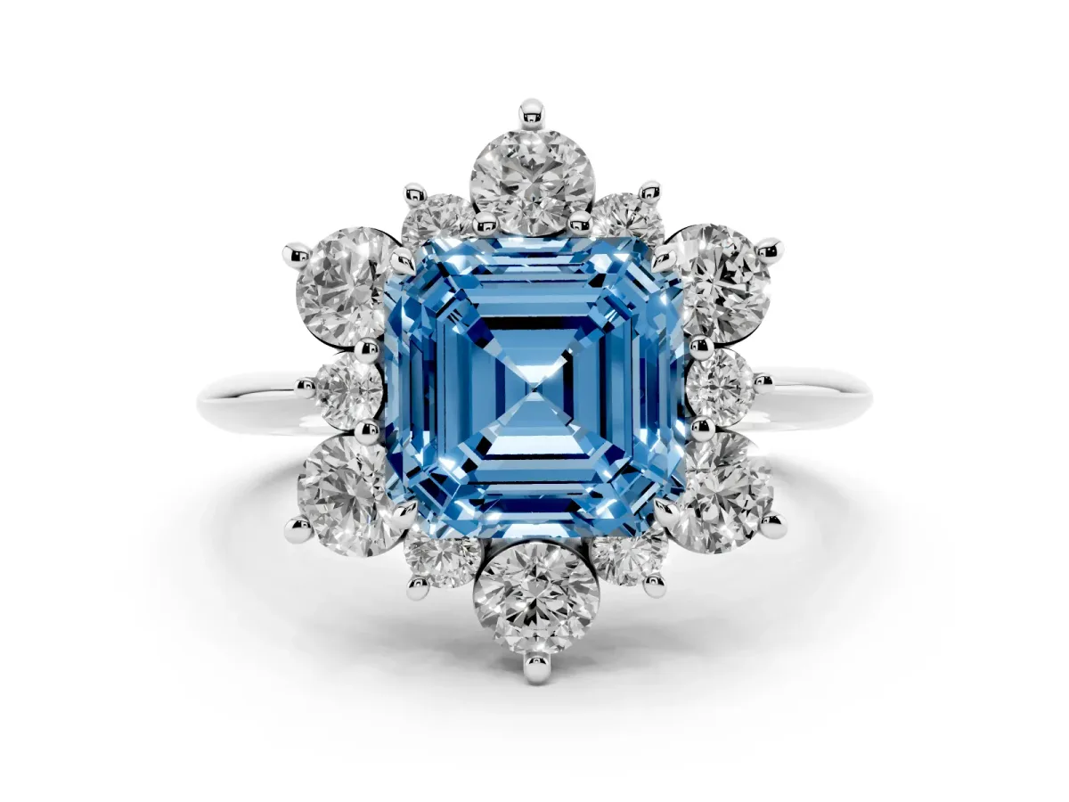 Fancy Blue Asscher Cut Diamond Cluster Halo Ring with Solitaire Band and Four-Prong Setting Silver
