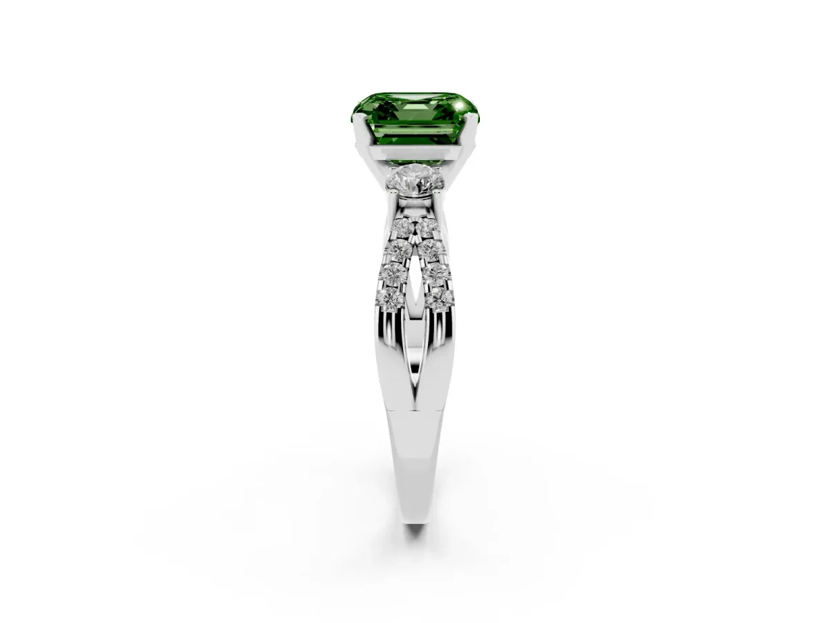 Fancy Green Asscher Cut Diamond Three-Stone Ring with Pavé Split Shank and Four-Prong Setting Platinum