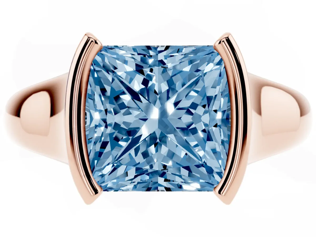 Fancy Blue Princess Cut Solitaire Tension Set Diamond Ring with Split Shank Band Rose gold