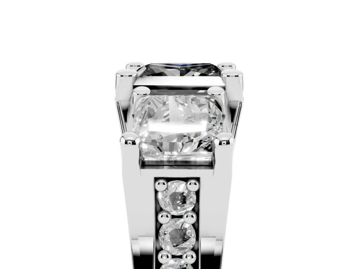 Fancy Black Princess Cut Diamond Three-Stone Ring with Channel Set Band and Four-Prong Setting Platinum