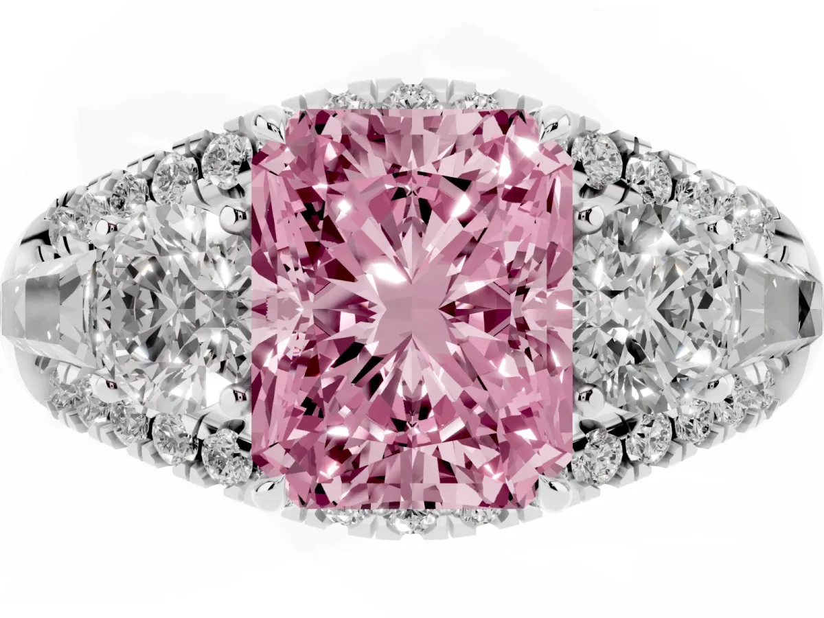 Fancy Pink Three-Stone Radiant Cut Diamond Engagement Ring with Pave Band and Prong Setting Silver